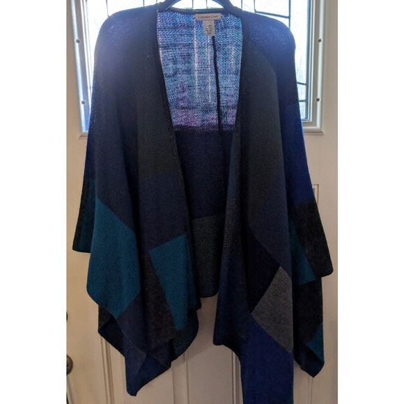 Coldwater Creek Shawl Classic Colorblock Grey/Blue/ Ruana Wrap Wool Blend O/S - Picture 1 of 6